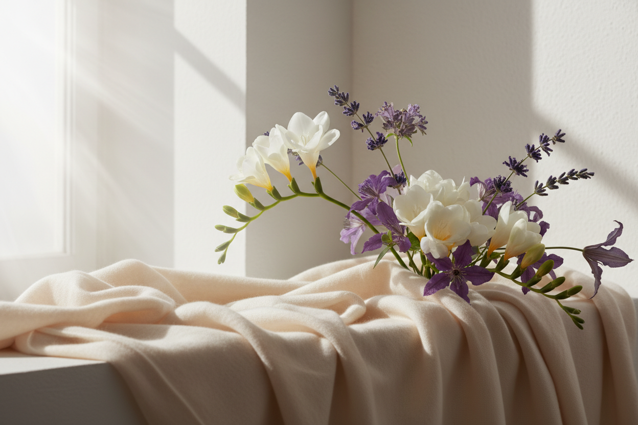 White freesia and violet flowers draped over soft cashmere fabric in natural light - Upsensed Veil fragrance notes for home fragrance collection