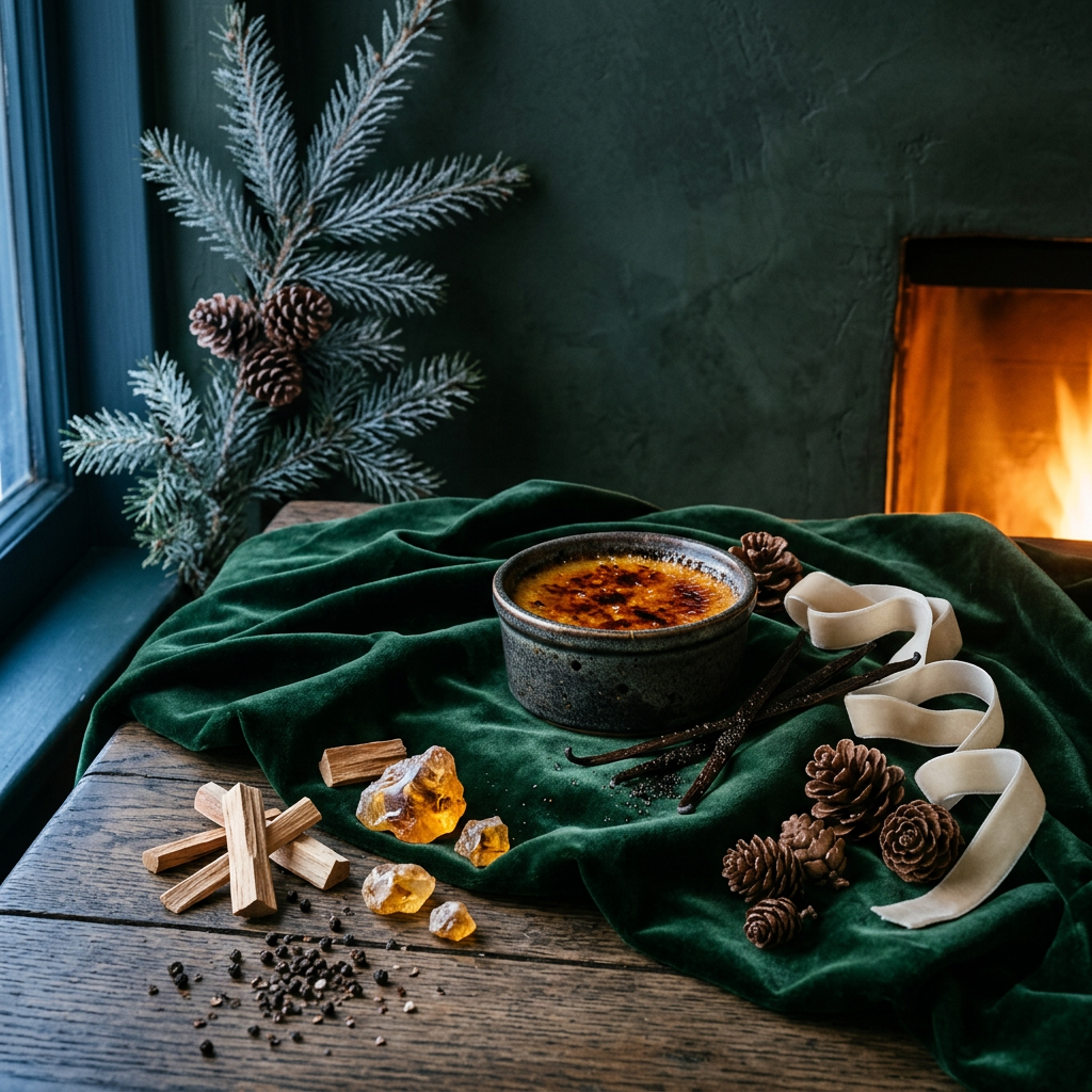 A styled holiday still life featuring a dark green velvet cloth draped over a rustic wooden table, with a small dark bowl of crème brûlée, vanilla beans, pinecones, amber crystals, cinnamon sticks, and cream ribbon. A window with frosted pine branches and a warm fireplace glow are visible in the background.