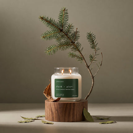 A lit double-wick candle in a clear glass jar with a dark green label reading 'UPSENSED Dusk + Pine,' displayed on a round wooden pedestal with a pine branch and dried leaves against a warm taupe background.