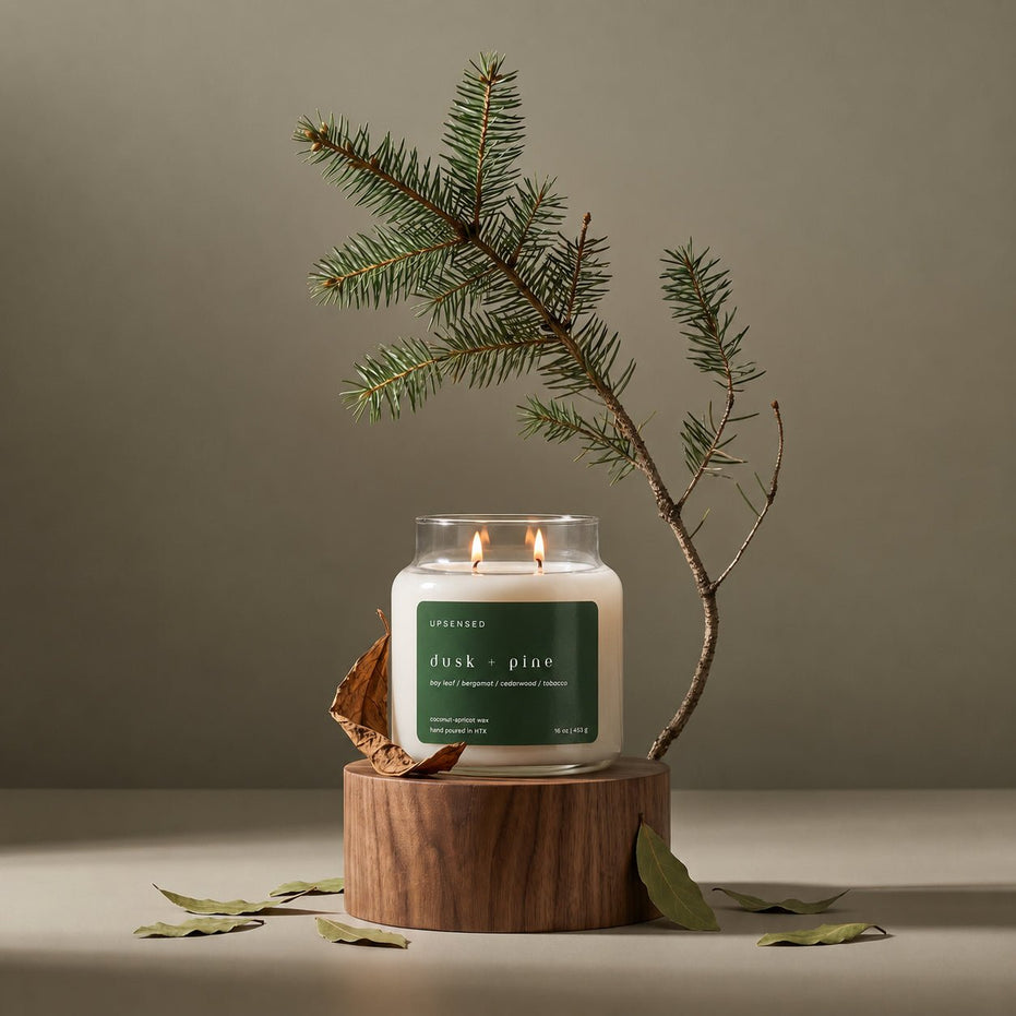 A lit double-wick candle in a clear glass jar with a dark green label reading 'UPSENSED Dusk + Pine,' displayed on a round wooden pedestal with a pine branch and dried leaves against a warm taupe background.